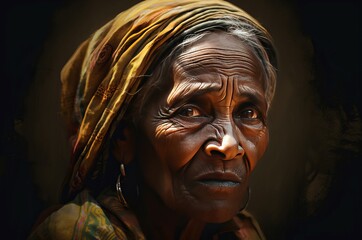 Sad old Ethiopian woman. Native ethnic aged aboriginal female with headwear. Generate ai