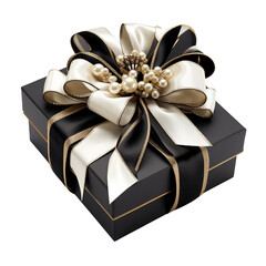 black gift box with white gold black ribbon bow and decoration isolated