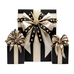 three black gift box with white gold black ribbon bow and decoration isolated