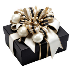 black gift box with white gold black ribbon bow and decoration isolated