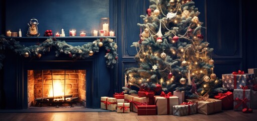 Fototapeta na wymiar Gift Under Christmas Tree In Home Interior With Fireplace - Vintage Effects With Some Lens Flare Effect. Stylish Happy Christmas layout, greeting card or banner template.
