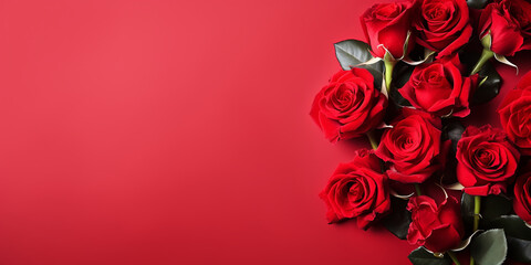 Elegant red roses lay on a sparkling backdrop Valentine's Day flatlay top view copy space banner background.  - obrazy, fototapety, plakaty