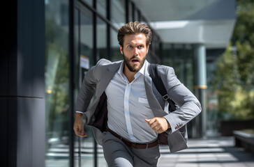 The businessman rushes to the office, feeling the pressure of time, worried about being late. Male office worker running to the office
