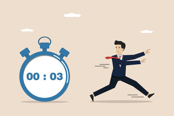 Deadline time, running out of time, time countdown or time management concept, pressed for time, business people running fast because they are running out of working time on a stopwatch.