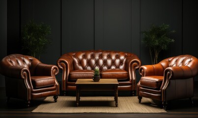 Classic brown leather sofa set with elegant tufted details in a dimly lit room featuring a coffee table. - obrazy, fototapety, plakaty