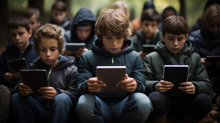 Technology danger and warning. Hypnotized school kids looking at their mobile or tablet device. Where is our world going? Abstract dark futuristic view of children in the near future