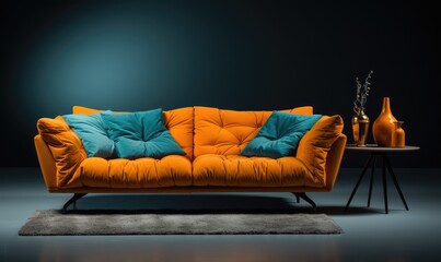 Stylish orange sofa with teal cushions and a matching vase on a side table against a dark backdrop.