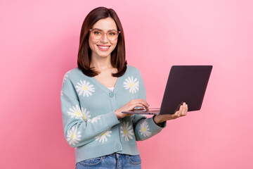 Fototapeta premium Photo of pretty cute woman dressed teal outfit communicating apple samsung device isolated pink color background