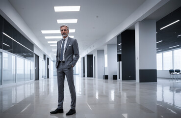 Fototapeta premium CEO manager, middle-aged man with gray hair in modern office. full body photo. business man ceo, successful confident happy male executive wearing suit standing in office looking at camera