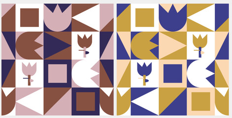 Simple Seamless Vector Pattern with Tulips and Geometric Elements on a Blue, Pink, Green, Beige and White Background.Floral Modern Minimalist Print ideal for Wrapping Paper, Fabric. Flower Pattern.RGB