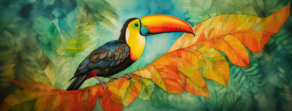 Trendy toucan bird art with tropical flowers and botanical foliage background. Colorful toco hornbill in paradise for vacation beach travel, cartoon exotic jungle, modern graphic resource by Vita