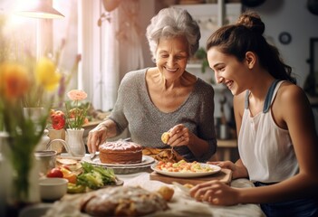 Happy family grandmother old mother mother-in-law and daughter-in-law daughter cook in kitchen, knead dough and bake cookies.