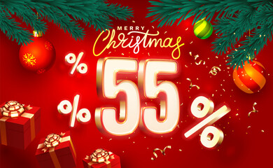 Merry Christmas, 55 percent Off discount. Sale banner and poster. Vector illustration.