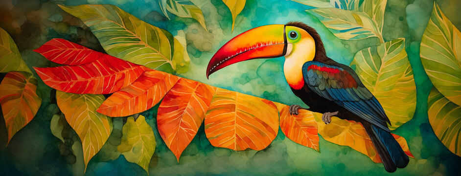 Trendy toucan bird art with tropical flowers and botanical foliage background. Colorful toco hornbill in paradise for vacation beach travel, cartoon exotic jungle, modern graphic resource by Vita