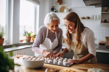 Happy family grandmother old mother mother-in-law and daughter-in-law daughter cook in kitchen, knead dough and bake cookies.