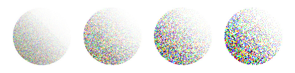 Round shaped dotted objects, vintage stipple elements. Fading gradient. Stippling, dotwork drawing, shading using dots. Colored disintegration effect. Noise grainy texture. Vector illustration