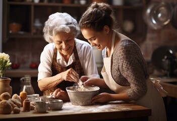 Happy family grandmother old mother mother-in-law and daughter-in-law daughter cook in kitchen, knead dough and bake cookies.