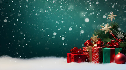 Merry Christmas banner with blank space for text,green background, giftboxes, fir tree branches, red and green ornaments, snow falling, Generative AI illustration 