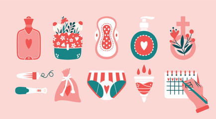 Menstruation hygiene products. Clip arts with female pads, tampon, container, menstrual cup, panties, flowers, pregnancy test, calendar. Love my periods concept. Set of vector illustrations.