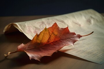 Old page foliage. Orange and autumn leaf fell yellowed antique paper. Generate AI