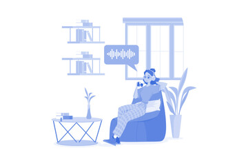 Woman Listening To A Podcast While Sitting On A Beanbag
