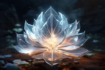 beautiful leaves grow from a giant floating crystal flower, huge petals glittering with transparent light, white background, crystal drops, falling reflected light, reflection fantasy image - obrazy, fototapety, plakaty