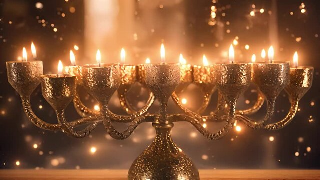 Hanukkah menorah candles burning. Sparkling lights moving around. Jewish holiday tradition chanukah Judaism