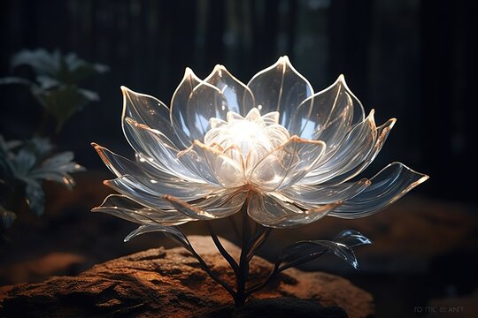 beautiful leaves grow from a giant floating crystal flower, huge petals glittering with transparent light, white background, crystal drops, falling reflected light, reflection fantasy image