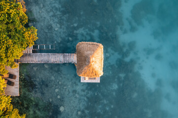 aerial view of pier in bacalar lake