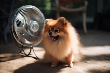 Pomeranian dog cooling near the electrical fan. Cute fluffy pet sitting next to spinning cooler....