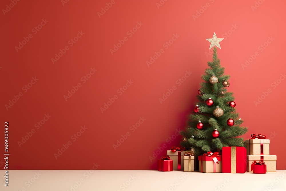 Wall mural minimalist christmas background with christmas tree and gift boxes pure background