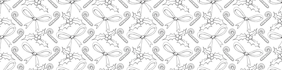 Vector seamless pattern of Christmas symbols in doodle style. Outline background and texture on theme New Year, xmas