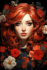 Woman with red hair and flowers. Concept of floral beauty.