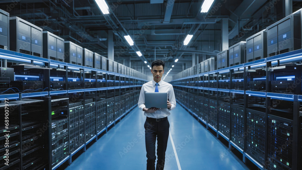 Poster system administrator in large data center, analyzes network status, server load from laptop. technic