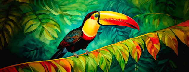 Fototapeta premium Exotic toucan bird art banner with tropical flowers and botanical foliage background. Colorful toco hornbill in paradise for vacation beach travel, cartoon tropics jungle graphic resource by Vita