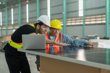 Worker and engineer discussing over solar panel in warehouse. This is a freight transportation and...