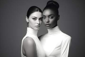 Couple fashion portrait of beautiful women from different ethnicity, Diverse ethnicities, Female models, Black and white photograpy art concept - obrazy, fototapety, plakaty