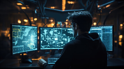 A computer running software on the screen operated by by a male operator.
