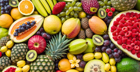 Fresh fruits. Variety of raw fruits. Food background with assortment of fresh organic fruits....