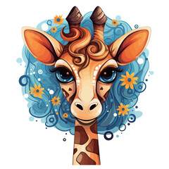 Cute baby giraffe with balloons and flowers. Vector illustration.