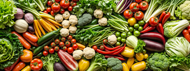 Fresh vegetables. Variety of raw vegetables. Food background with assortment of fresh organic vegetables. wide banner. Horizontal pattern from healthy vegetables, copy space. Top view banner.