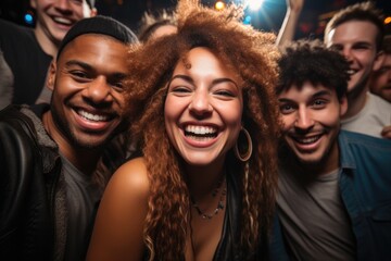 A group of multiracial friends happily celebrating at an outdoor nightclub.