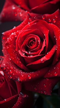 An image that captures the close-up details of red roses, showcasing elements like water droplets, delicate curves, and the overall allure of the blossoms, background image, generative AI