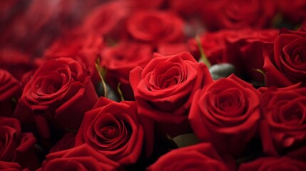 Close-up image showcasing the velvety texture and vibrant red hues of individual rose petals, background image, generative AI