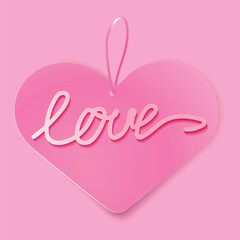 Realistic paper heart with the 3D word Love on a pink background.Cute element for Valentine's Day design.Heart shaped tag romantic concept art.Vector illustration.