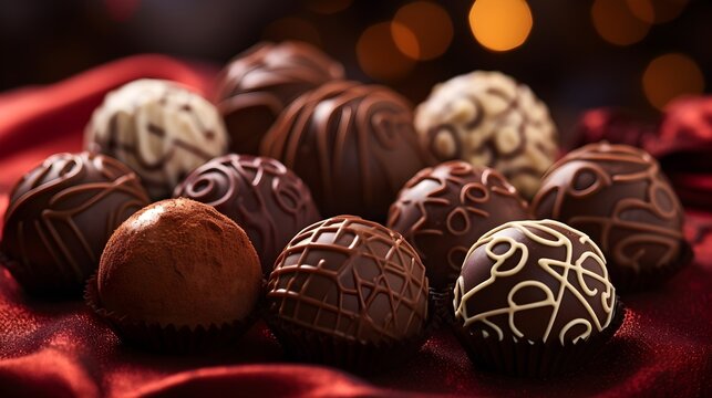 Close-up image showcasing the rich and decadent details of individual chocolate truffles with Valentine's Day-themed background, background image, generative AI