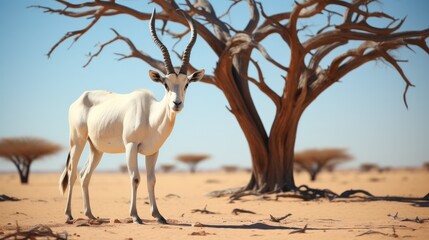 Naklejka premium Arabian oryx standing by desert acacia tree.