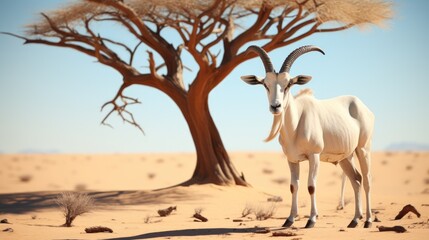 Arabian oryx standing by desert acacia tree.