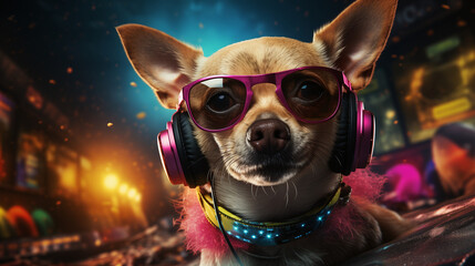 Close up portrait of chihuahua Dog in headphones, dog DJ at the party. The concept of listen to music, enjoy the party, disco. Dance party - obrazy, fototapety, plakaty