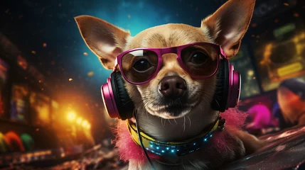 Foto op Aluminium Close up portrait of chihuahua Dog in headphones, dog DJ at the party. The concept of listen to music, enjoy the party, disco. Dance party © KatyaPulina